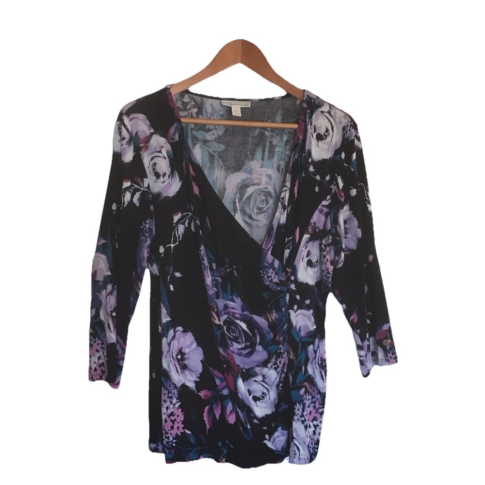 Dana Buchman Women's Top Black, Multicolored w/Ruching 3/4 Sleeves Size XL